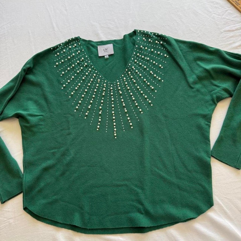 LIV Milano Green Pearl Embellished Sunburst V-Neck Sweater Womens Large Glam